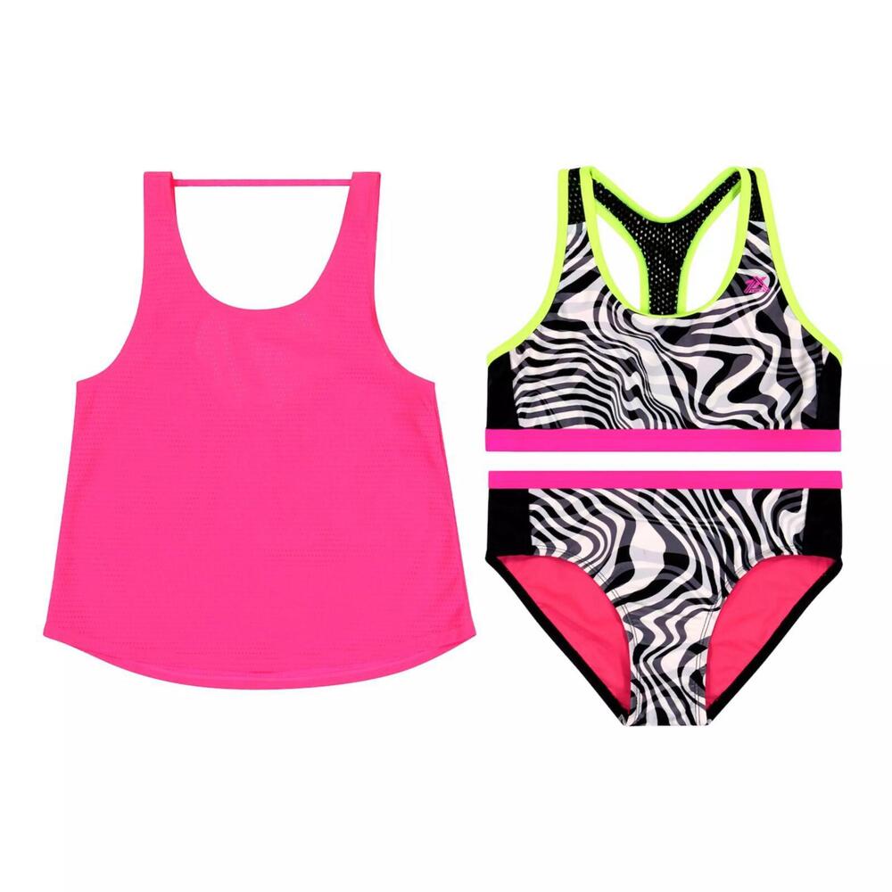 ZeroXposur Girl’s Size 16 Neon Pink Zebra Print 3 Piece Swim Set Bikini Cover Up